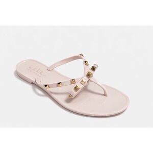 Nicole Miller Jelly Flip Flop Thong Sandals Women 40 Nude Pink Gold Studded Bow